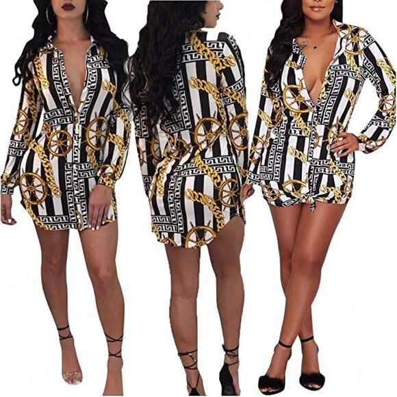 Dresses & Skirts - Womens Print Button Down Collar Long Sleeve Shirt Mini Dress